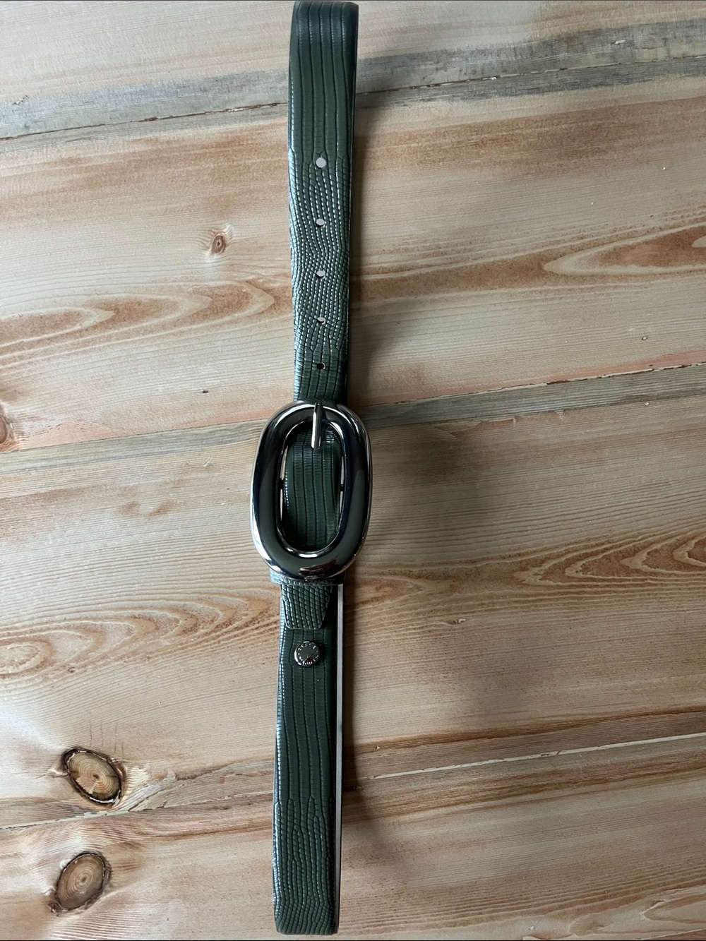 Green Menβs Textured Leather Belt with Silver Oval Buckle